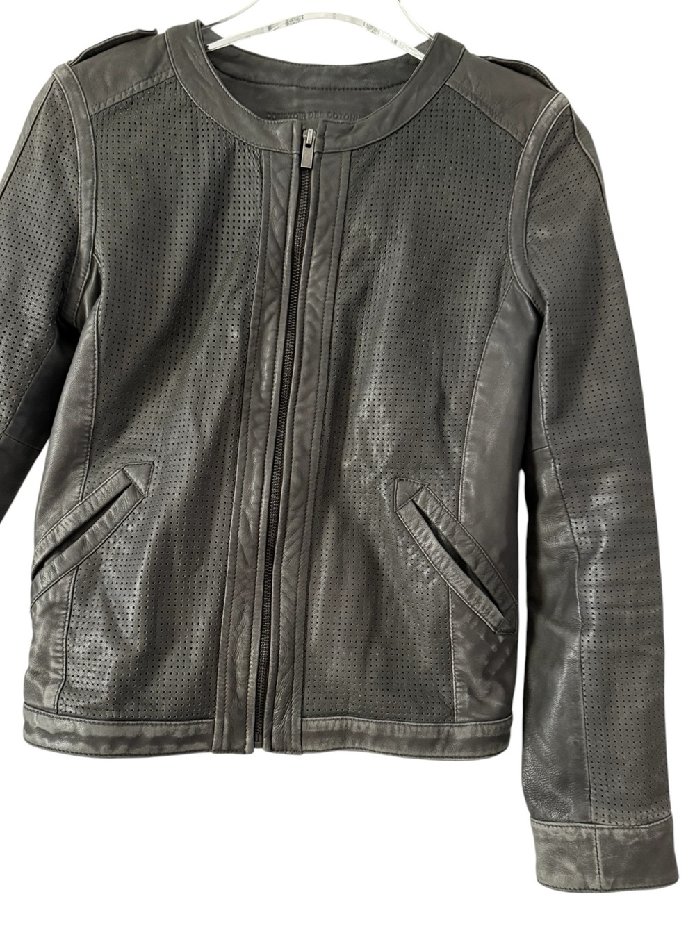 100% Lambskin Distressed Moto Jacket Black Pocket Perforated Leather Size Small